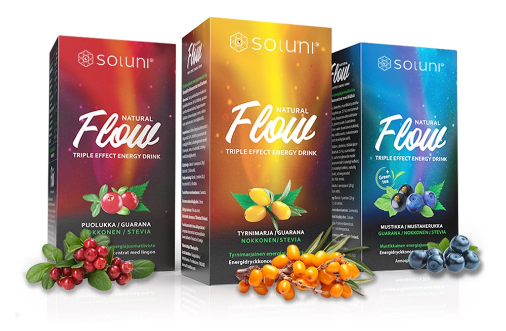 Soluni Natural Flow -energiajuomatiivisteet: puolukka, tyrnimarja ja mustikka